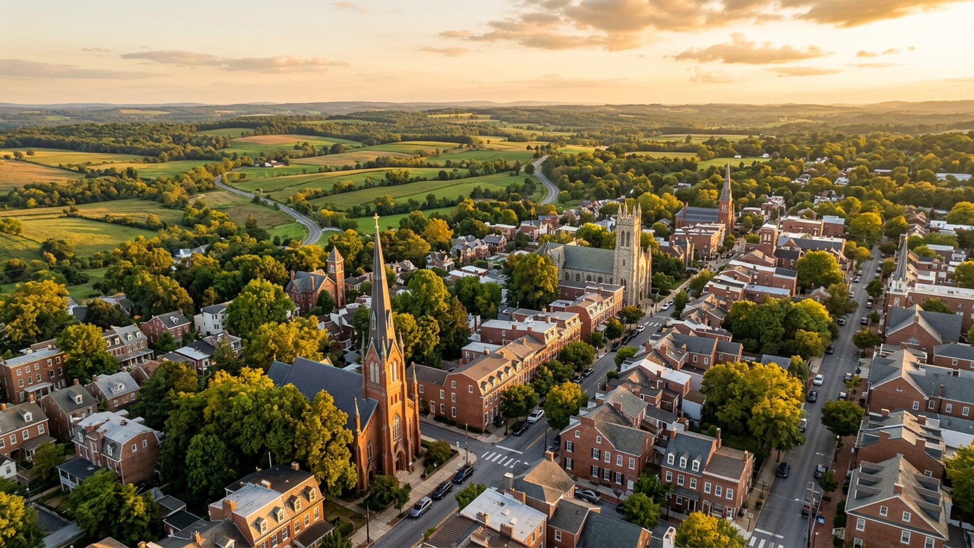 A southeastern Pennsylvania borough at golden hour, illustrative