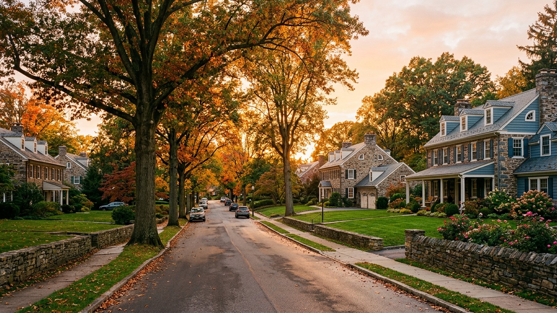 A tree lined Pennsylvania street at sunset, illustrative