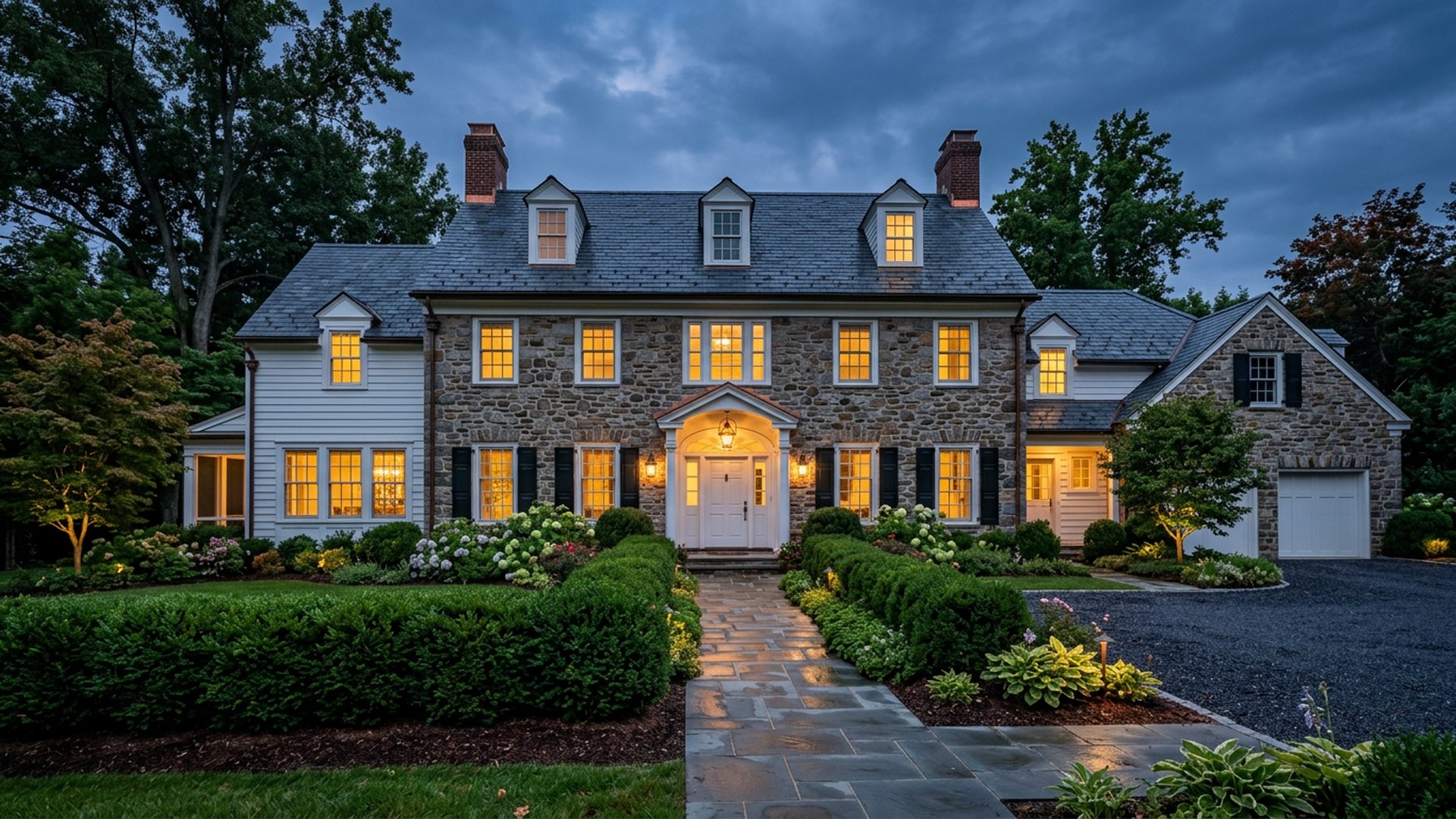A Pennsylvania stone and clapboard home at dusk, illustrative